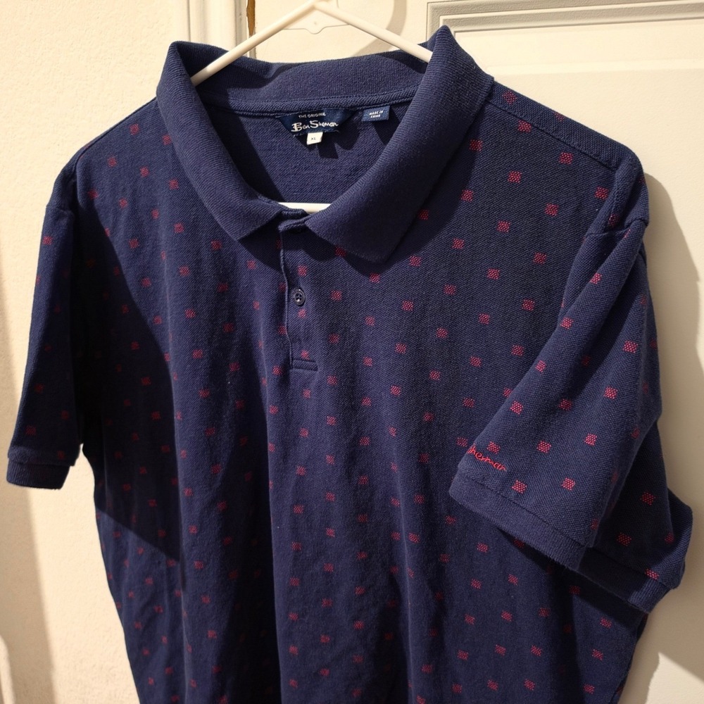 Ben Sherman Mens XL Navy Blue Red Geometric Print Pique Polo Short Sleeve Shirt
